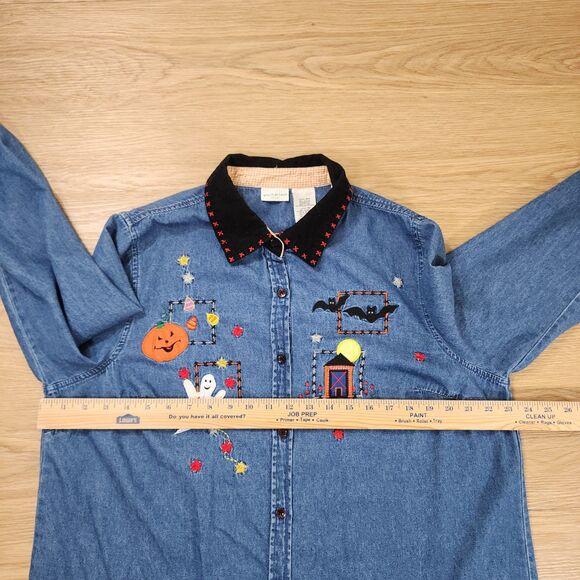 White Stag Denim Shirt Embroidered Fall Pumpkin Corduroy Collar 16W Plus Jean - Picture 8 of 11